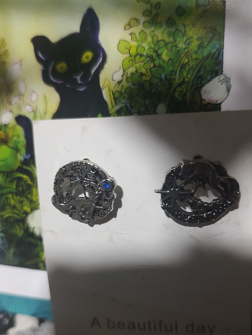 Silver Wolf And Stars Stud Earrings